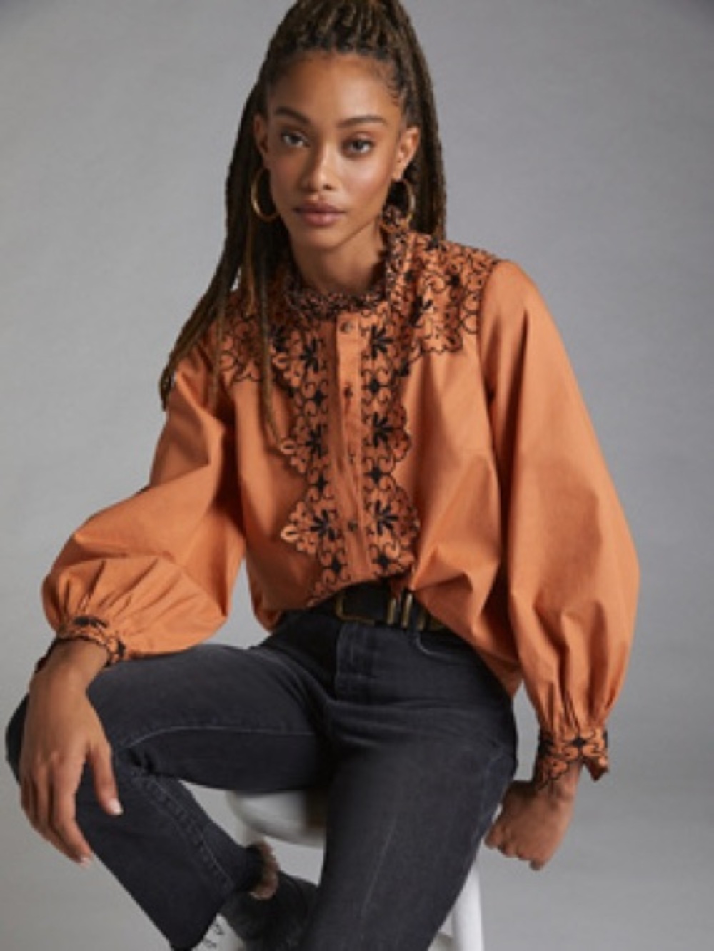 Anthropologie Orange Blouse with Black Floral Embroidery